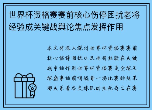 世界杯资格赛赛前核心伤停困扰老将经验成关键战舆论焦点发挥作用