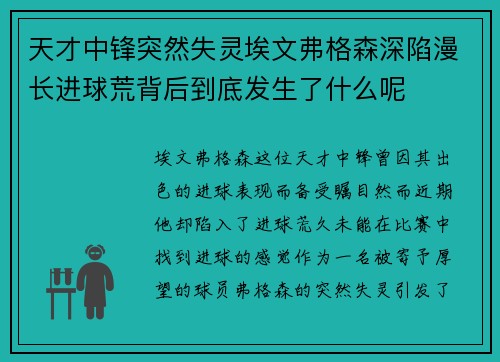 天才中锋突然失灵埃文弗格森深陷漫长进球荒背后到底发生了什么呢