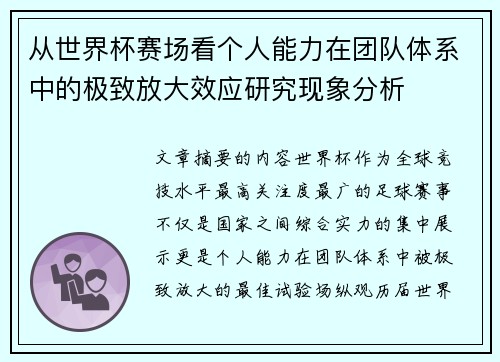 从世界杯赛场看个人能力在团队体系中的极致放大效应研究现象分析 从世界杯赛场看个人能力在团队体系中的极致放大效应研究现象分析